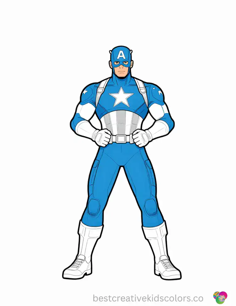 Captain America stands tall in his blue suit, tightening his utility belt before charging into battle.