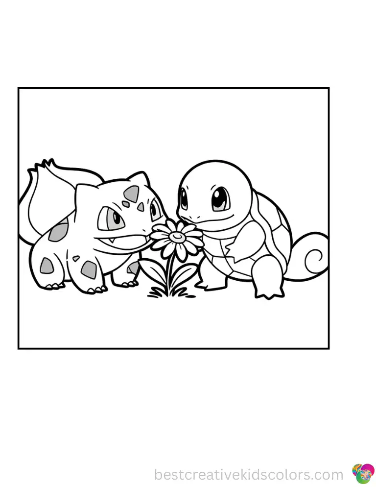 Bulbasaur and Squirtle both lean forward to sniff the same bright daisy — equally curious, equally close.