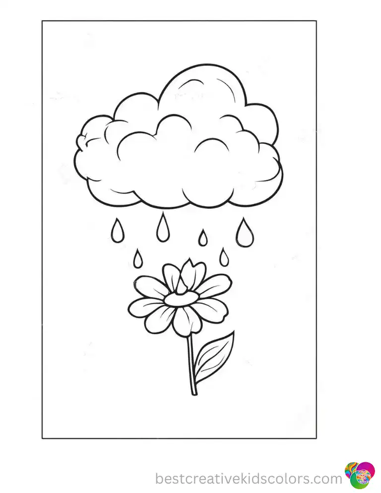 A fluffy raincloud dropping water over a spring flower.