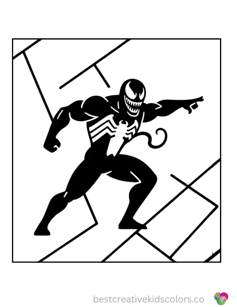 Bold, simple outlines feature Venom pointing forward in a fun coloring pose.