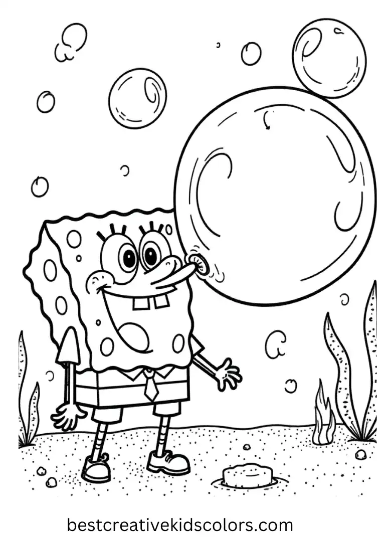 SpongeBob blows a huge bubble underwater, full of laughter and easy shapes to color.
