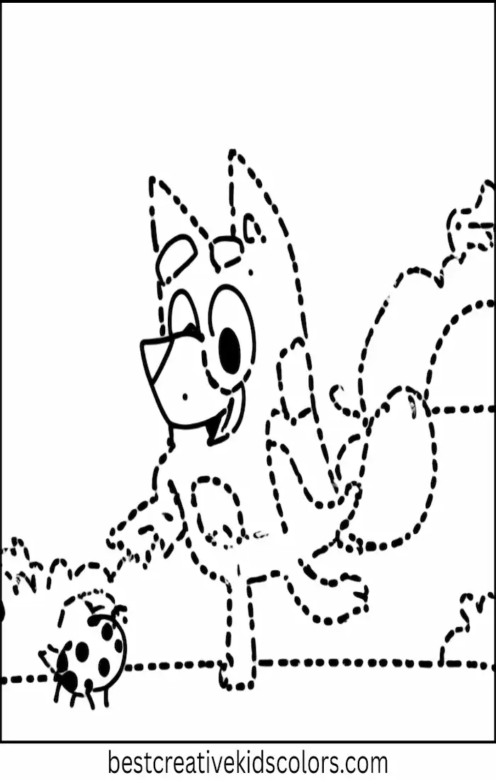 Bingo runs after a ladybug in the garden. Easy and playful outdoor coloring page for children.
