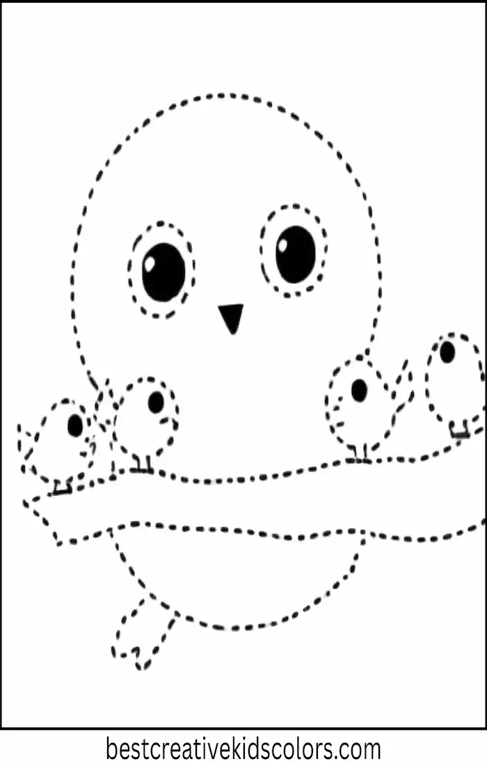 Bingo looks at birds perched on a branch. Gentle and playful outdoor coloring outline for kids.
