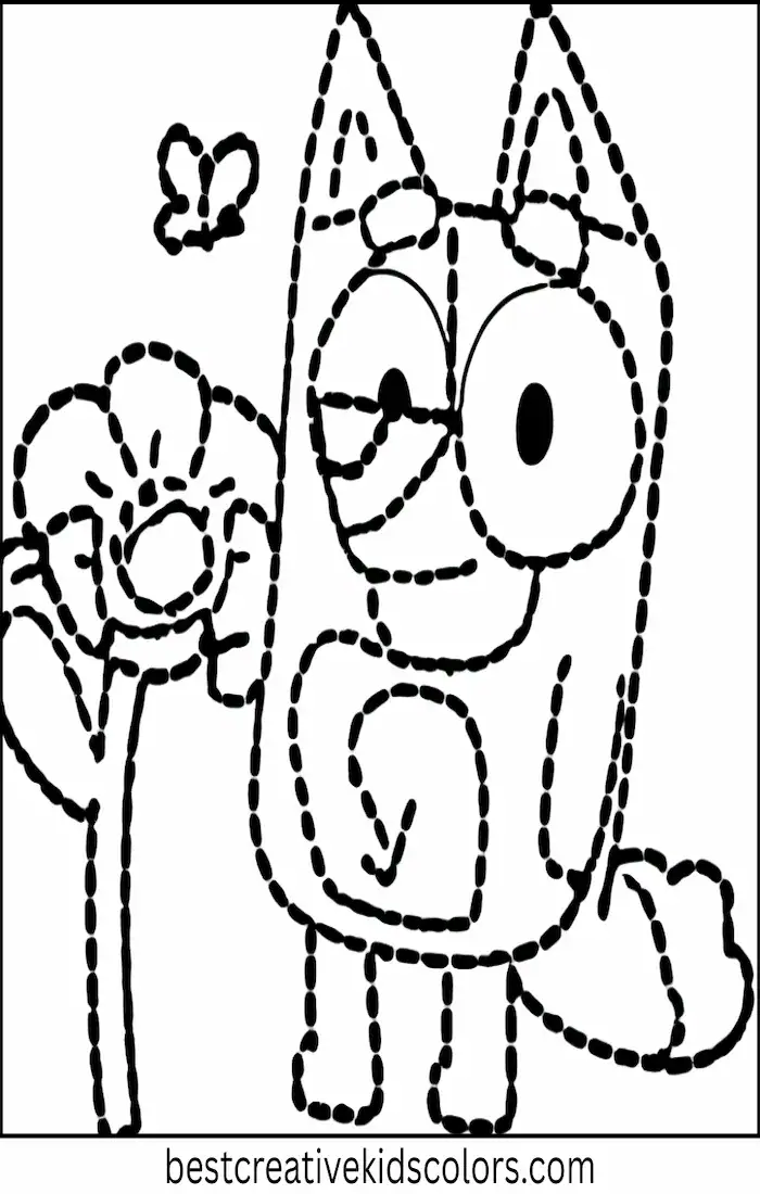 Bingo leans toward a flower with a butterfly. Gentle and easy-to-color outdoor outline for children.