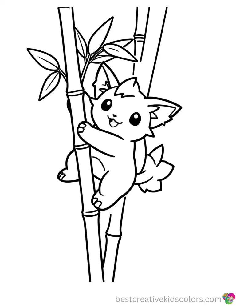 Black and white pokemon coloring pages show a playful Stufful climbing a tall green bamboo stalk today.