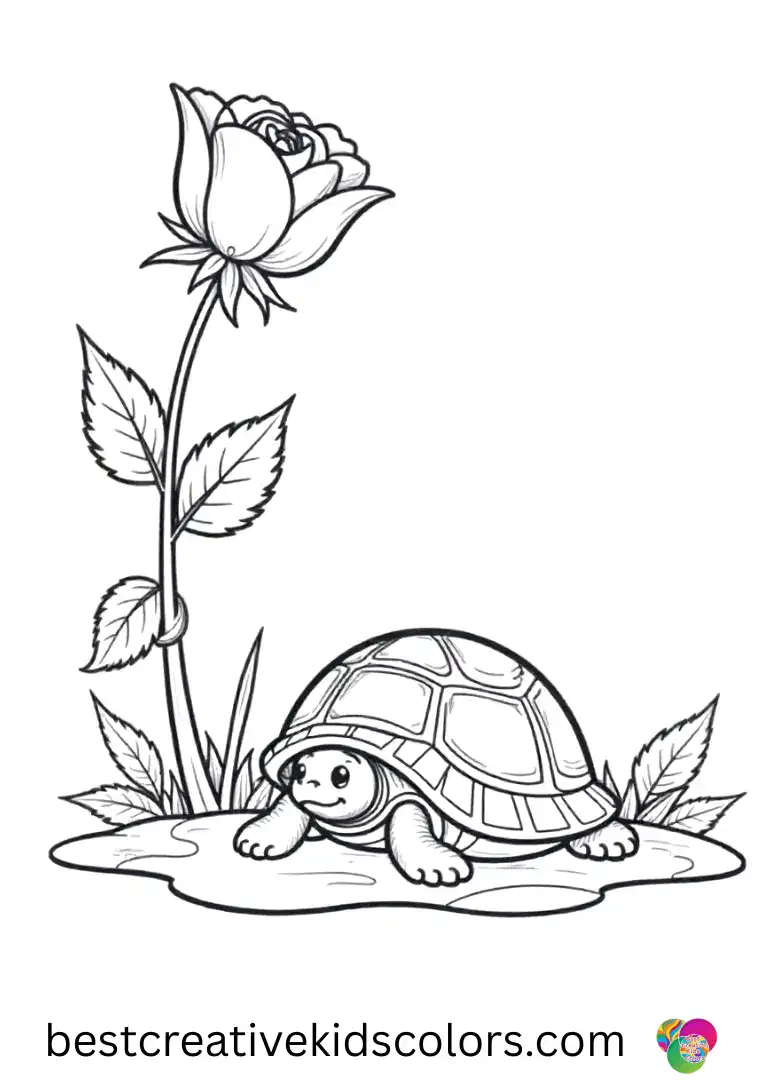 Blooming rose coloring page free displays a turtle peeking from under a flat stone.