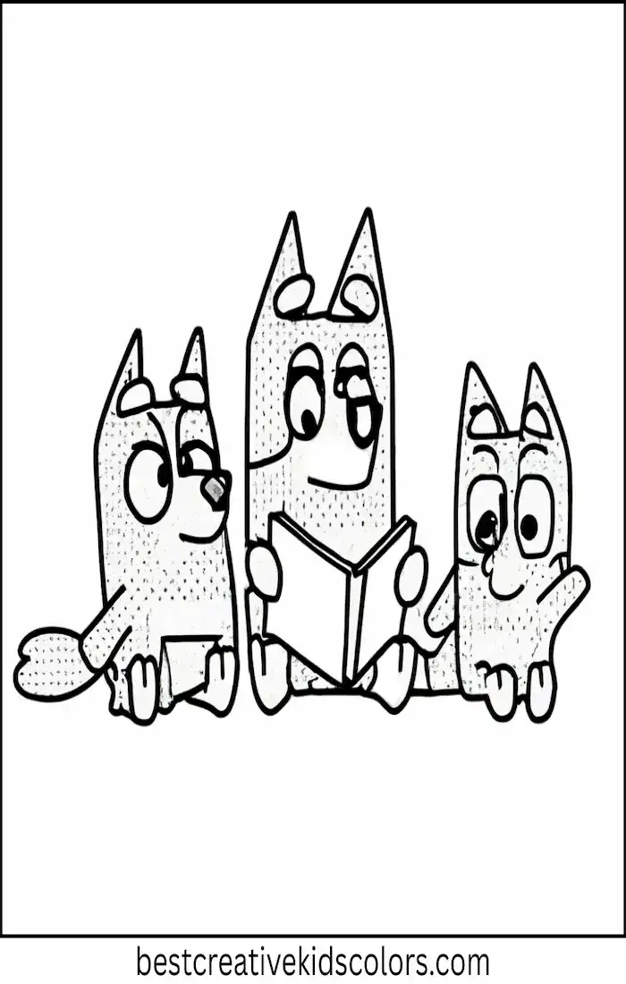 Bandit sits cross-legged with an open book while Bluey and Bingo listen.