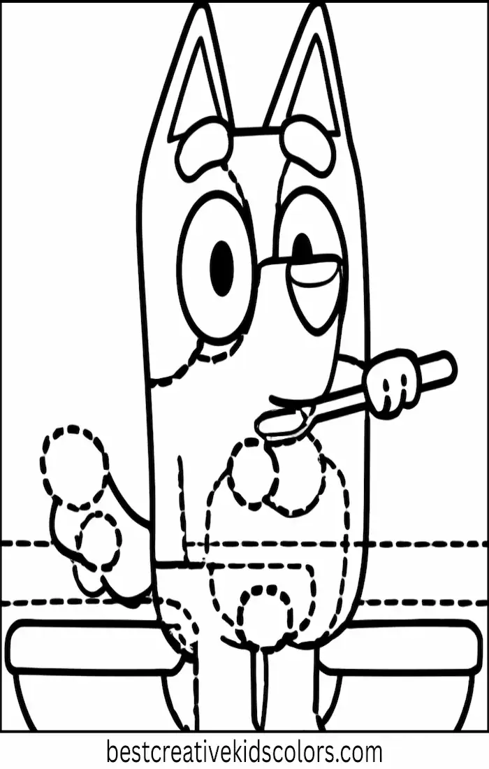 Bingo stands at a sink holding a toothbrush with bubbles.