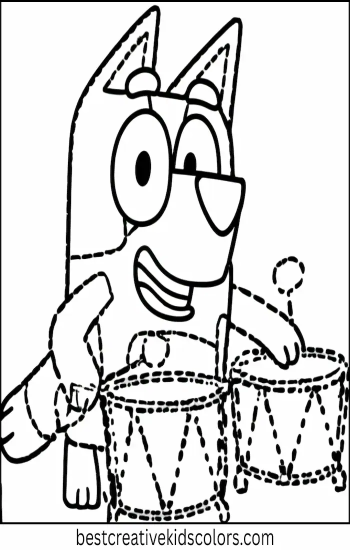Bluey Plays Drums – Kids Coloring Outline