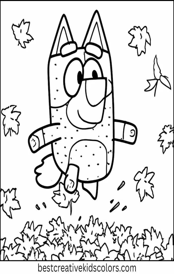 Bluey Plays in Autumn Leaves – Kids Coloring Outline