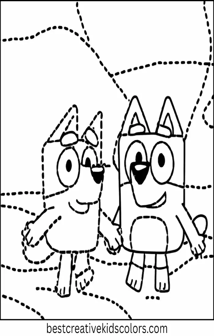 Bluey and Bandit stroll along a nature trail. Simple outdoor scene for kids to color.