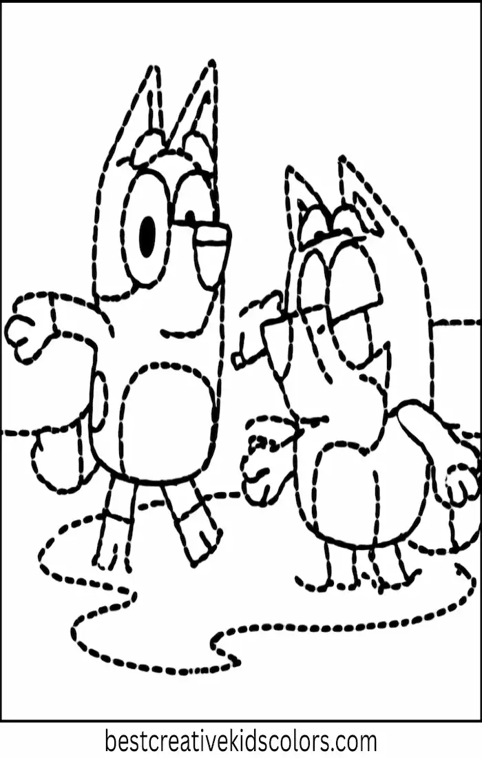 The sisters step into a shallow stream. Simple and playful outdoor coloring outline for kids.