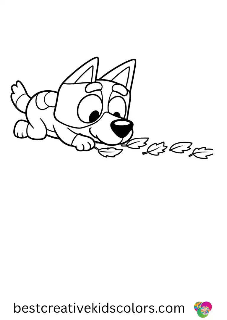 Bluey coloring pages PNG features Bluey nudging soft miniature paper leaves across the floor.