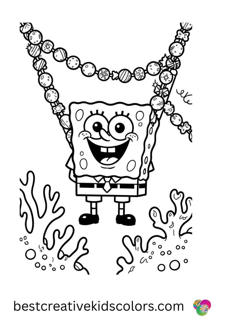 Bob Esponja desenho para colorir captures SpongeBob hanging sparkling candy garlands on coral.