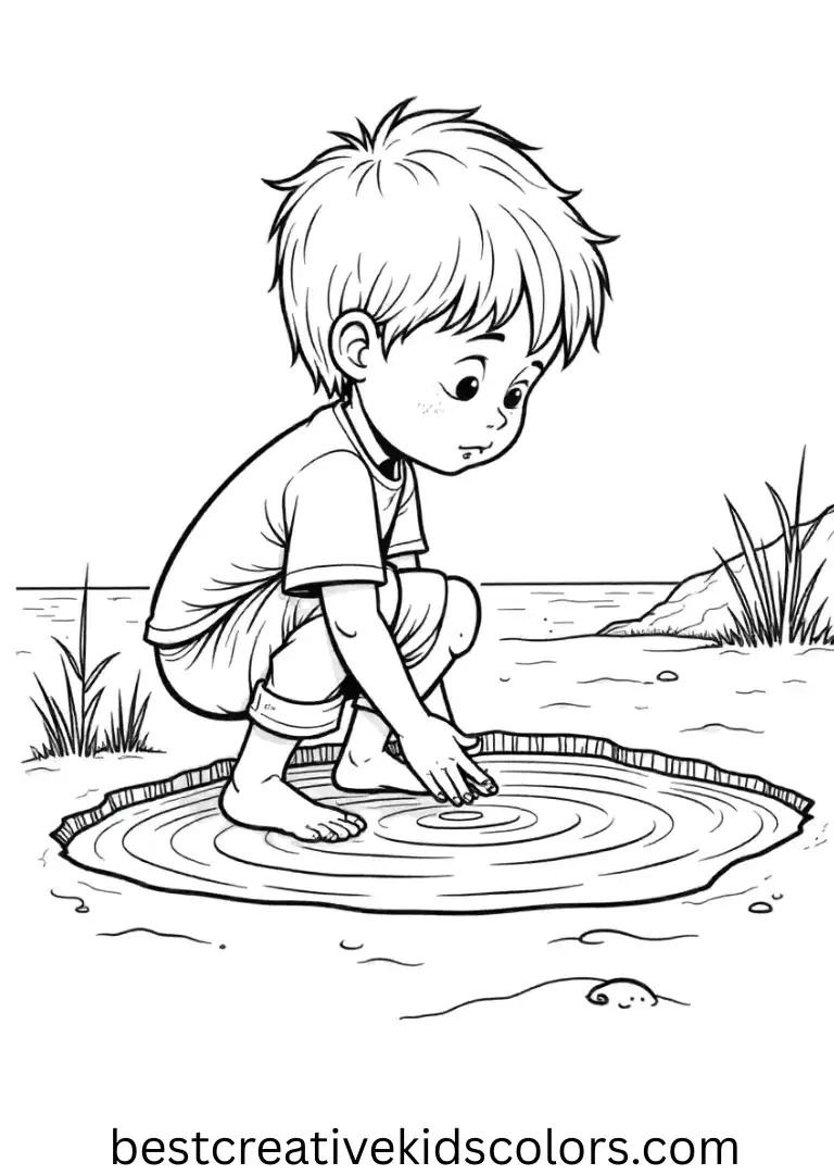 A boy character explores a small tide pool in Boy coloring pages PDF free download.