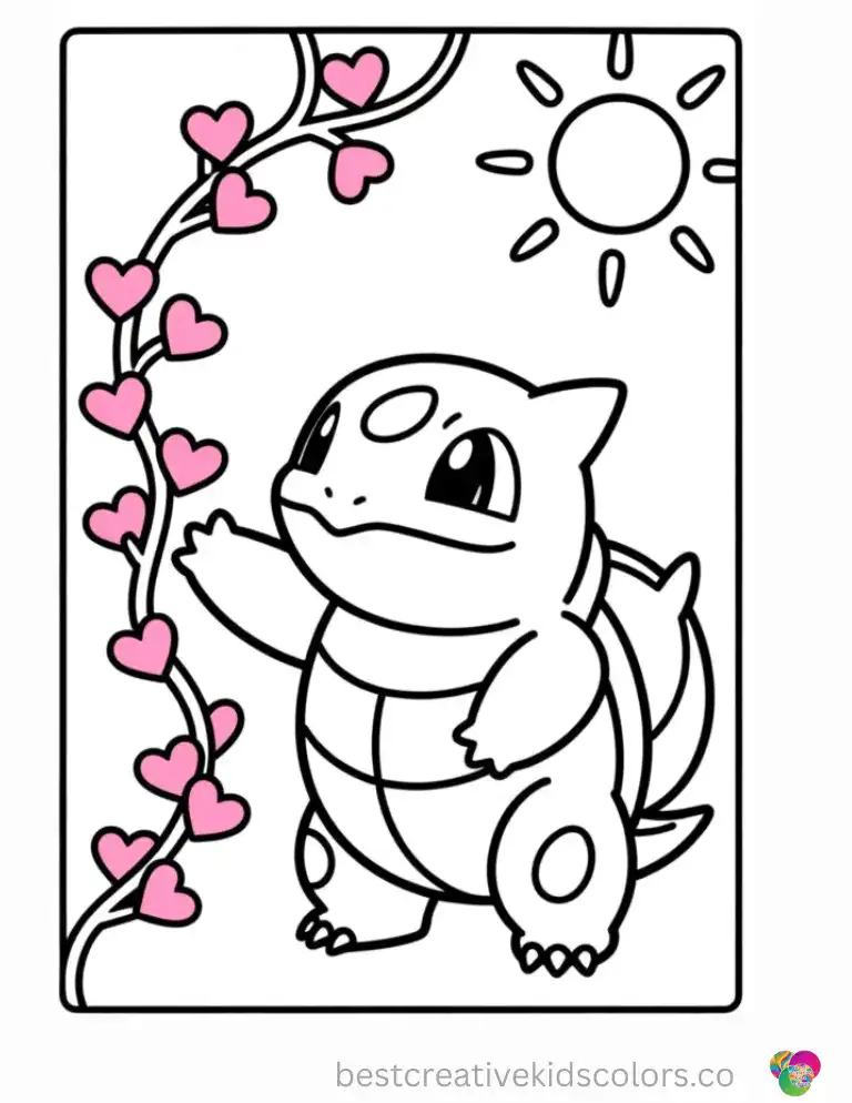 Bulbasaur stretches out a vine wrapped in tiny pink hearts, reaching toward the morning sun.