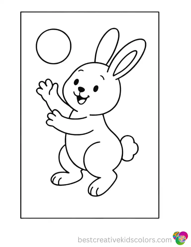 A playful rabbit tosses a round ball into the air. Bold, round shapes make this scene fun to color.