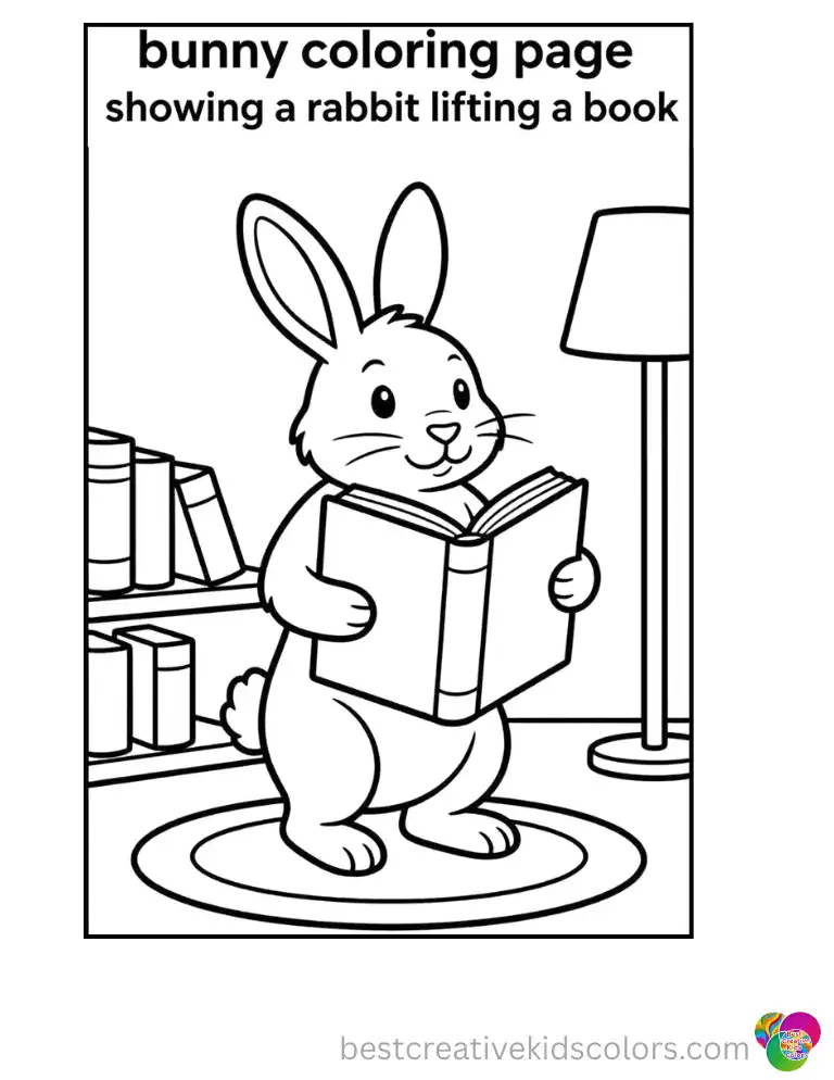 A smart rabbit lifts a large hardback book from the floor. Clean outlines make this reading-room scene simple to color.