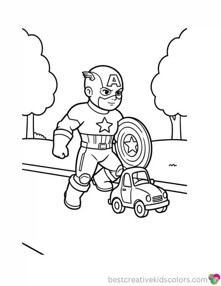 Captain America Coloring Book shows him rolling a small toy car along a quiet driveway.