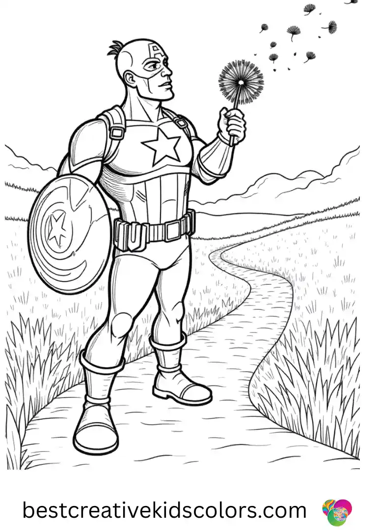 Captain america coloring book disney depicts him blowing dandelion seeds along a twisting sunlit path.