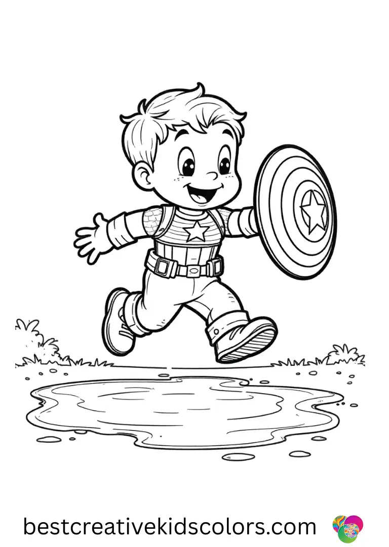 After a light rain, Captain america shield color page shows him skipping joyfully through shallow puddles.