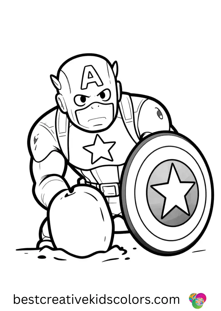Captain america shield coloring page pdf free download shows him burying a time capsule beside the shield.