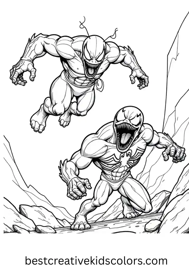 Carnage twists in midair as Venom crouches below in Carnage and Venom coloring Pages with empty space.