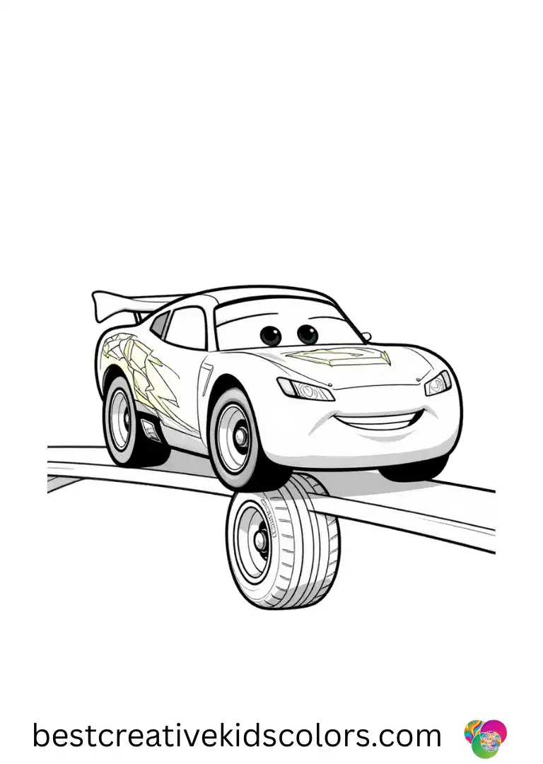 Cars lightning mcqueen coloring page free download depicts a tire balancing act across a narrow bridge.