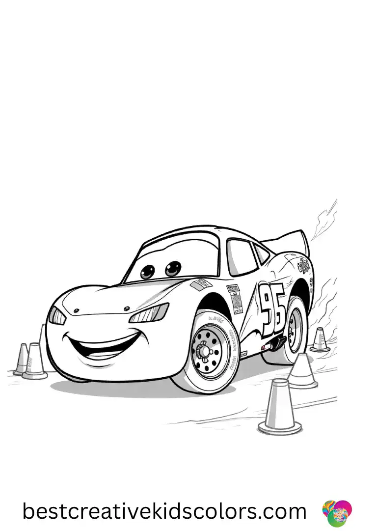 Using balloons, Cars lightning mcqueen coloring page free races to pop them without touching the cones.