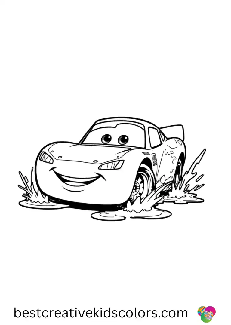 A gentle rainstorm splash is featured as Cars lightning mcqueen coloring page pdf navigates puddles.