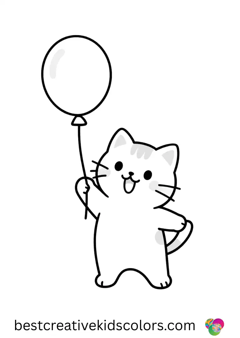 Cat Happy Birthday coloring page shows a kitten pawing a dangling balloon on a string