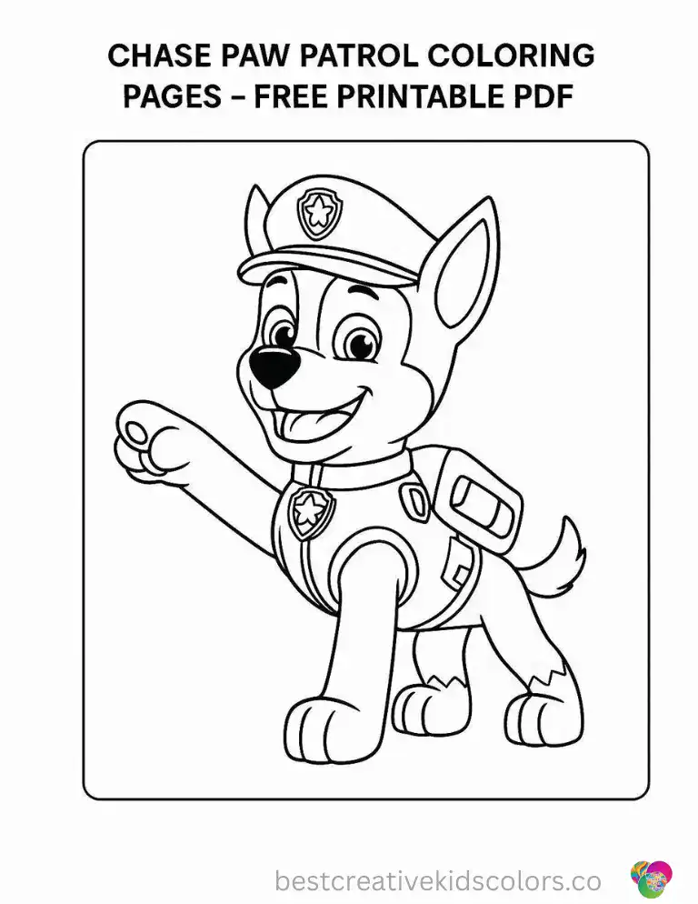 Chase points his paw forward in a confident, brave pose — bold outlines, easy to color.