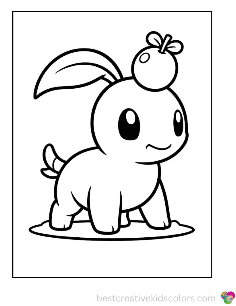 Chikorita carefully balances a plump red berry tied with a tiny ribbon on its broad leaf.