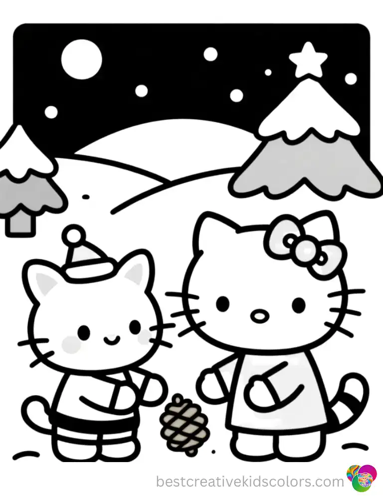 Hello Kitty carries a pinecone wreath with a giant silk bow.