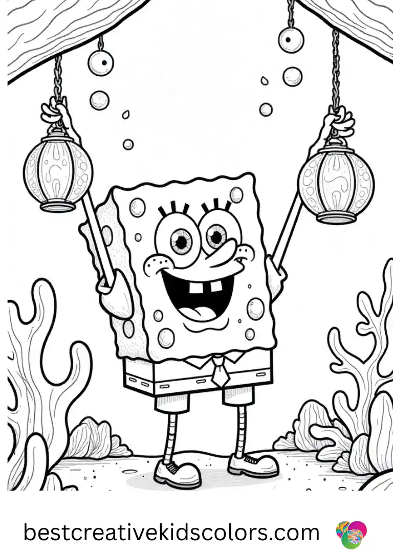 Christmas coloring pages spongebob pdf shows SpongeBob hanging glittering sea lanterns from coral branches.
