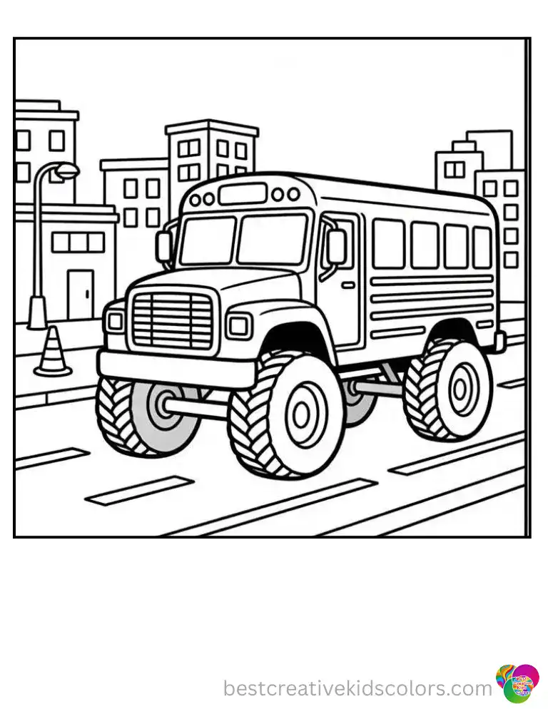 A school bus themed monster truck rolls through city streets beside simple buildings.