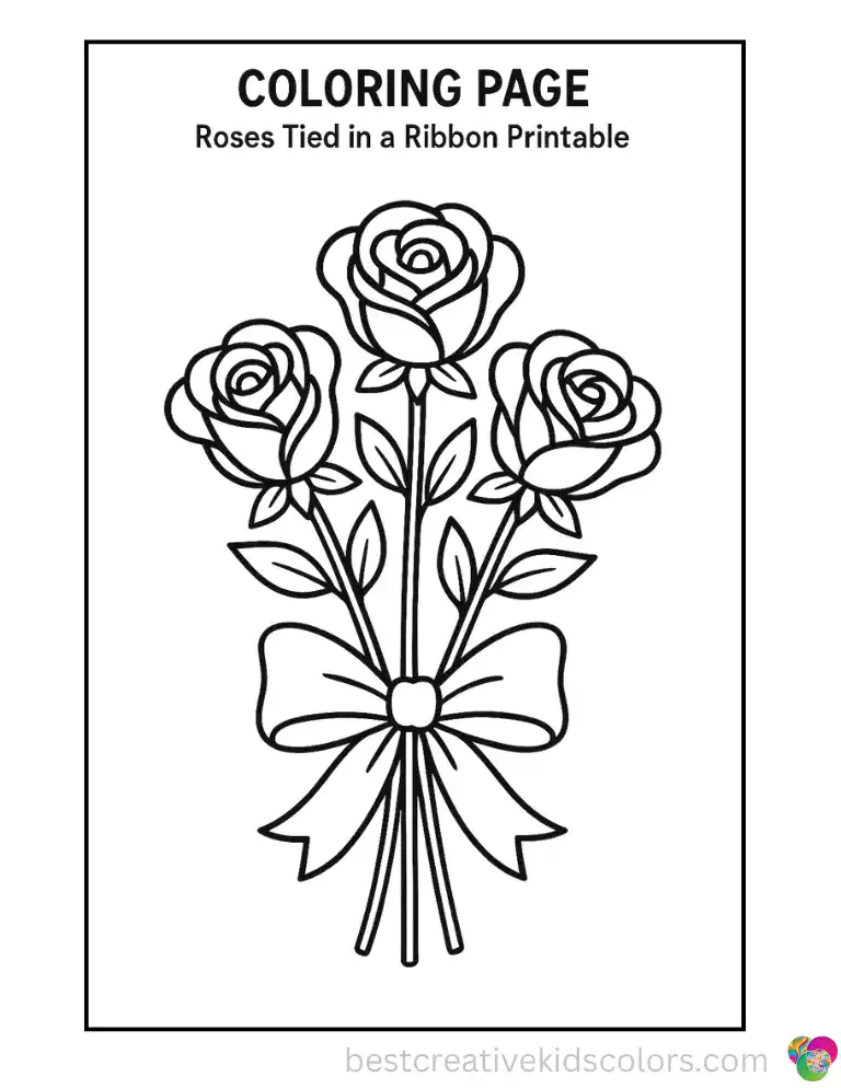 Coloring Page Roses Tied in a Ribbon Printable shows three roses bundled together and tied with a flowing ribbon.