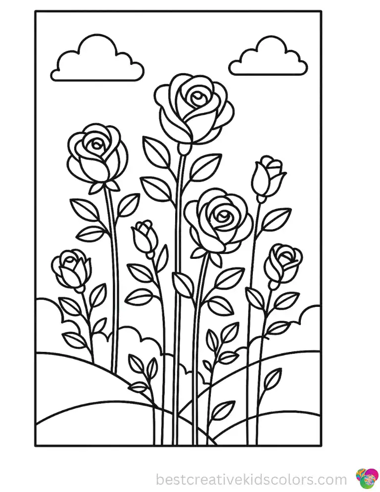 Coloring Pages Rose Garden Scene for Kids to Print depicts a cheerful garden filled with roses of different heights, leafy stems, and blooming flowers.