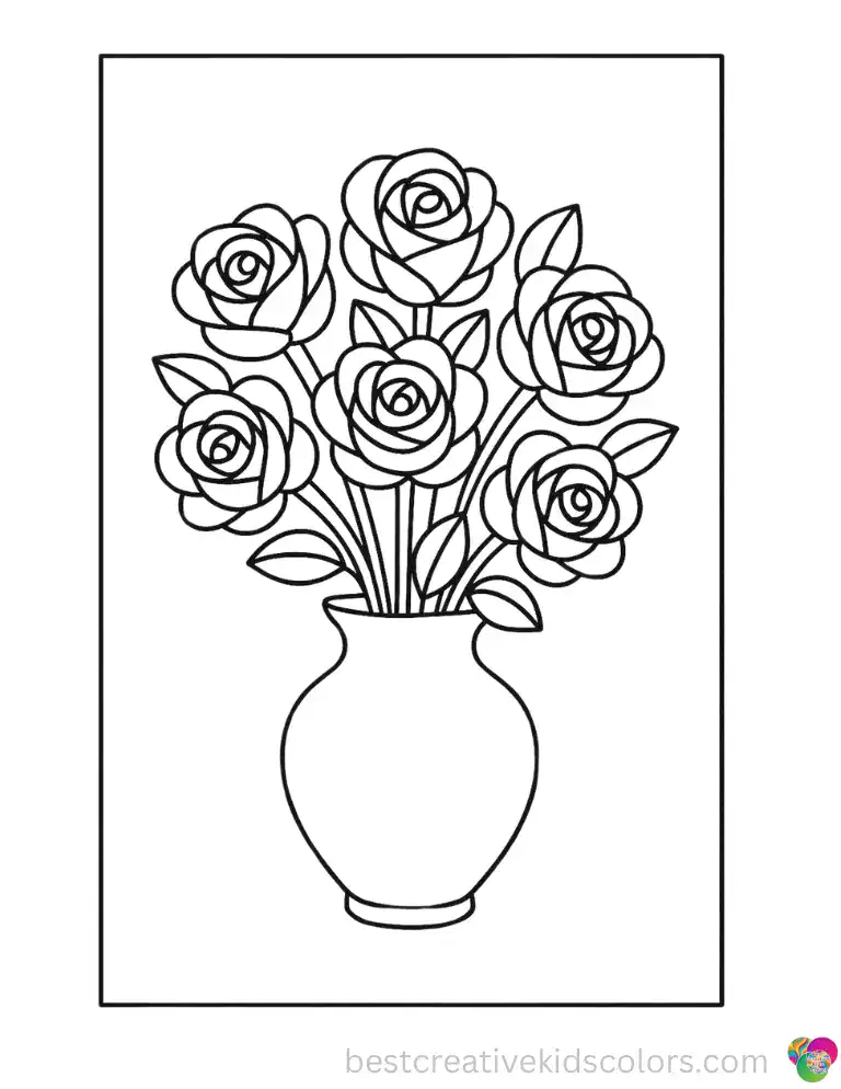 Coloring Pages Roses in a Vase Free Printable shows a beautiful bouquet of roses standing neatly inside a simple round vase.