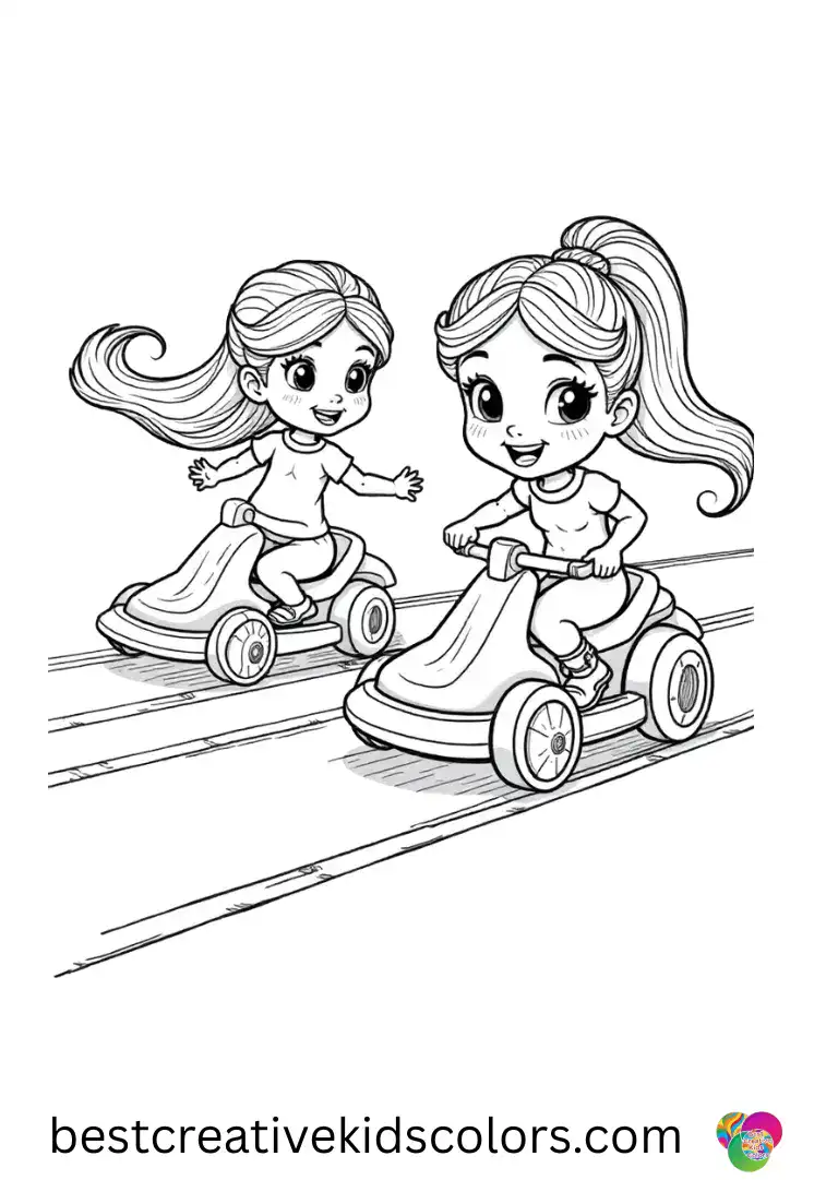 Coloring Pages for Girls hard shows princesses rolling colored discs across tracks.