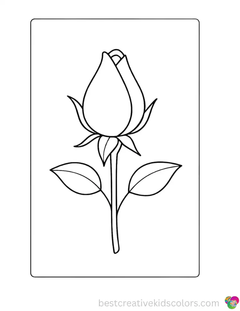 Coloring Sheets Rose Bud Just Beginning to Open features a young rosebud with tightly wrapped petals just beginning to unfold.