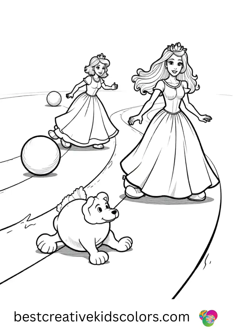 Coloring for girls animals depicts princesses rolling soft toy balls along paths.
