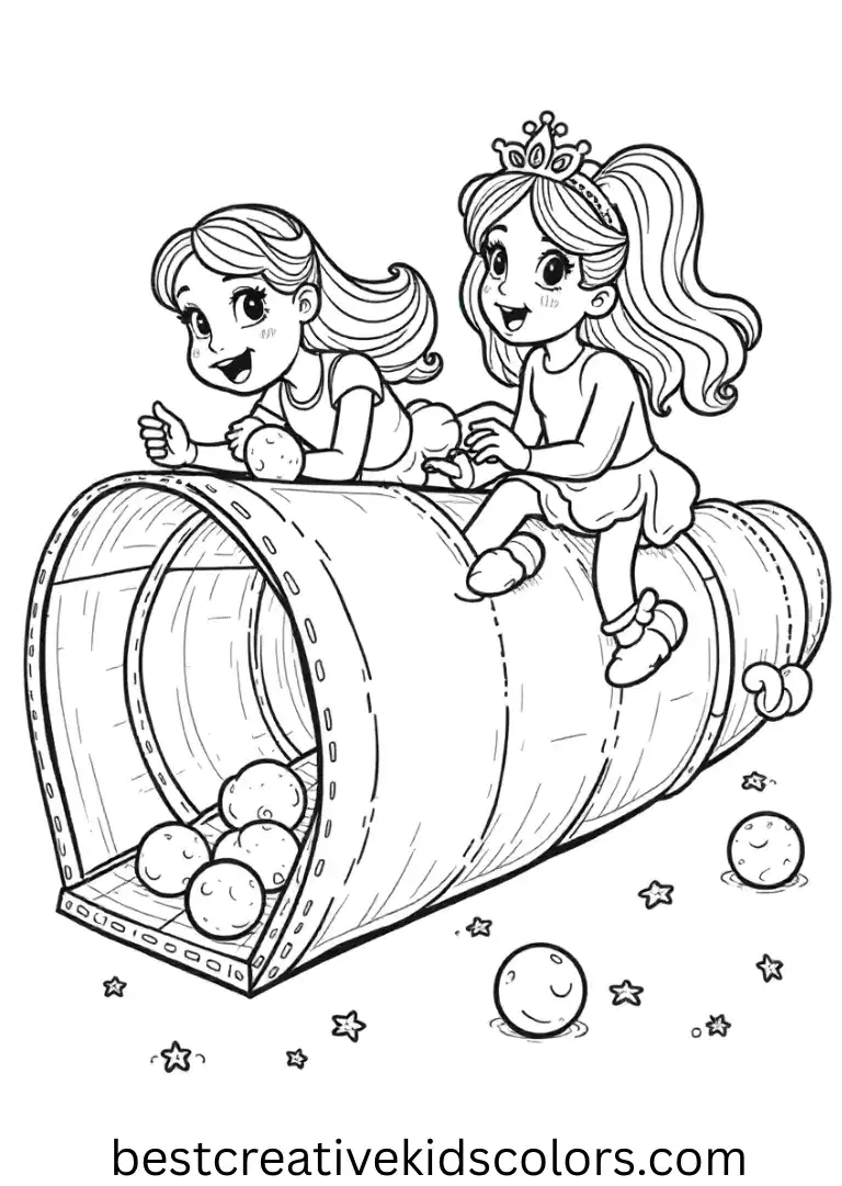 Coloring pages for kids Labubu shows princesses rolling soft balls into cardboard tunnels.