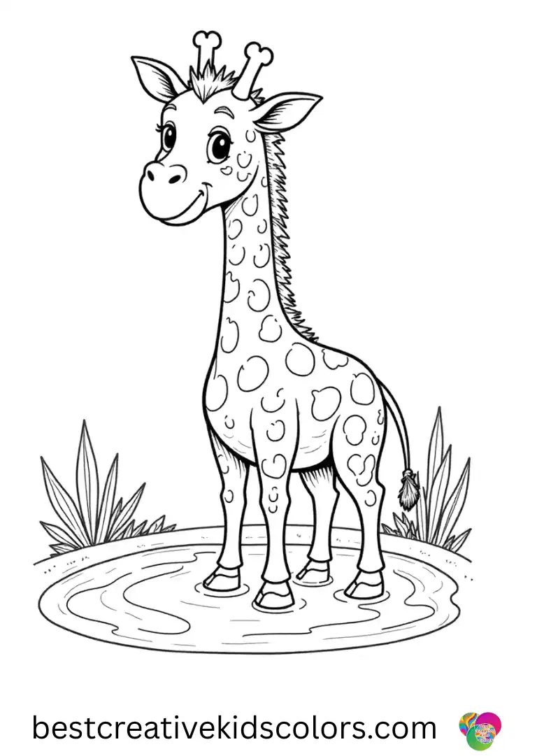 Coloring sheets For kids giraffe feature a giraffe painting the ground with water from a pond.