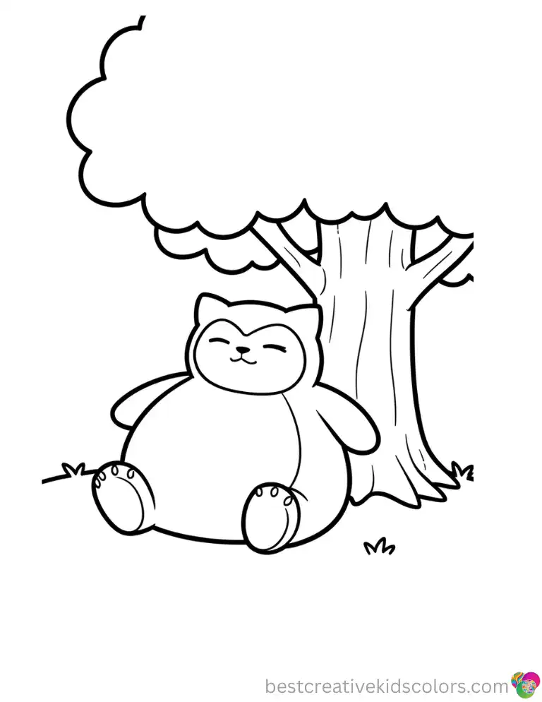 A sleepy Snorlax rests heavily under a large shady tree in this lovely colouring page pokemon.