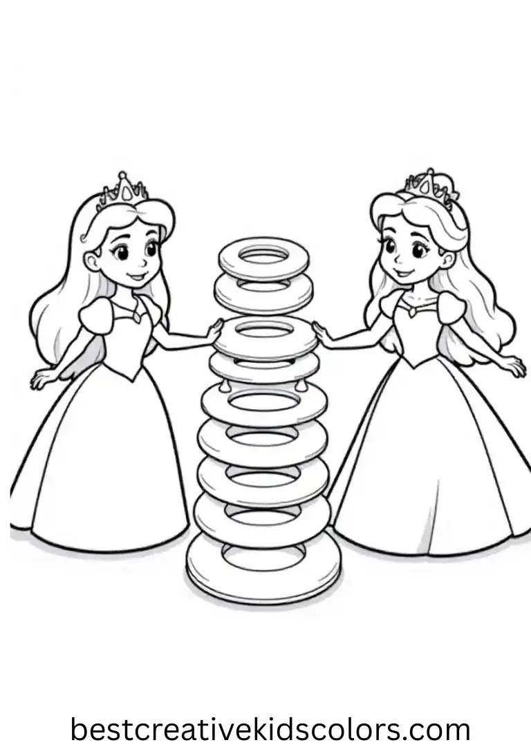 Colouring pages for Girls shows princesses balancing toy rings on pegs.
