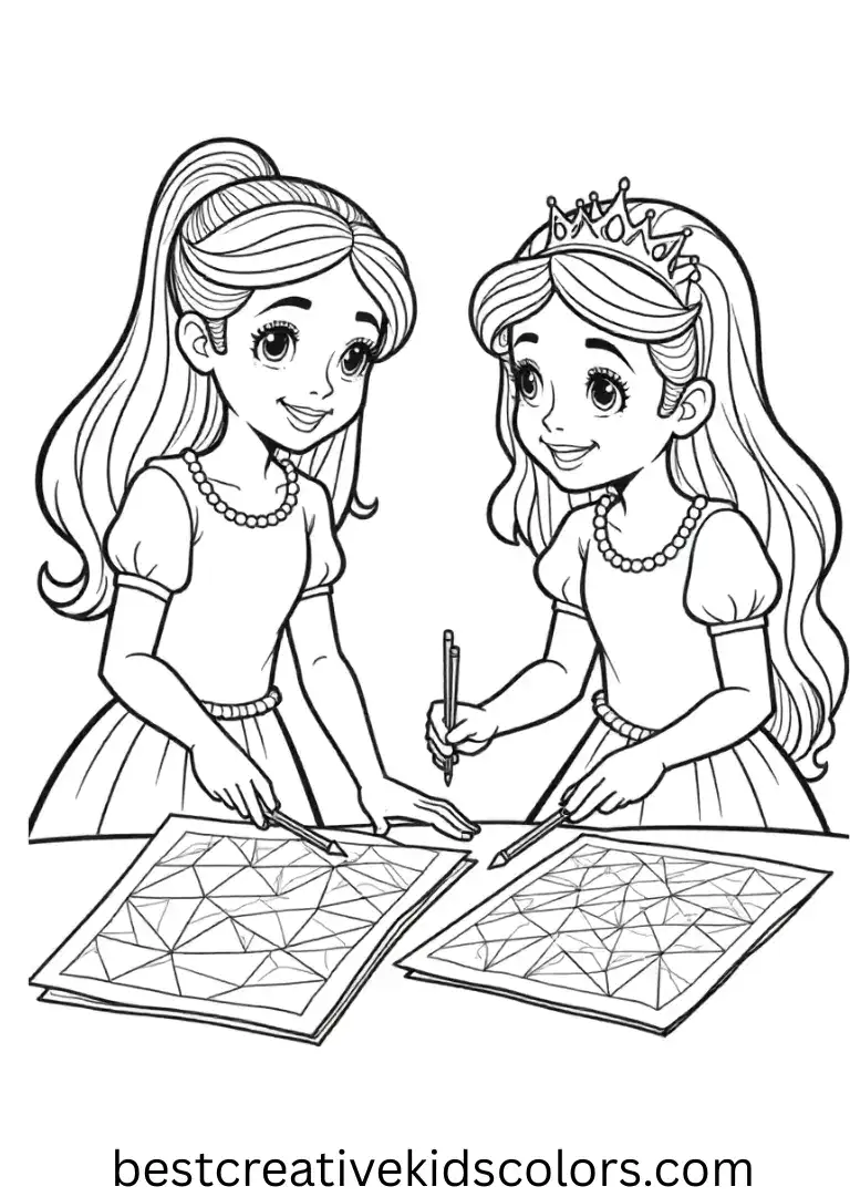 Colouring pages for adults depicts princesses painting simple abstract patterns on paper.