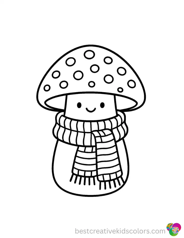 Wrapped in a striped knitted scarf, a smiling mushroom stands with its cap dotted in small white spots.