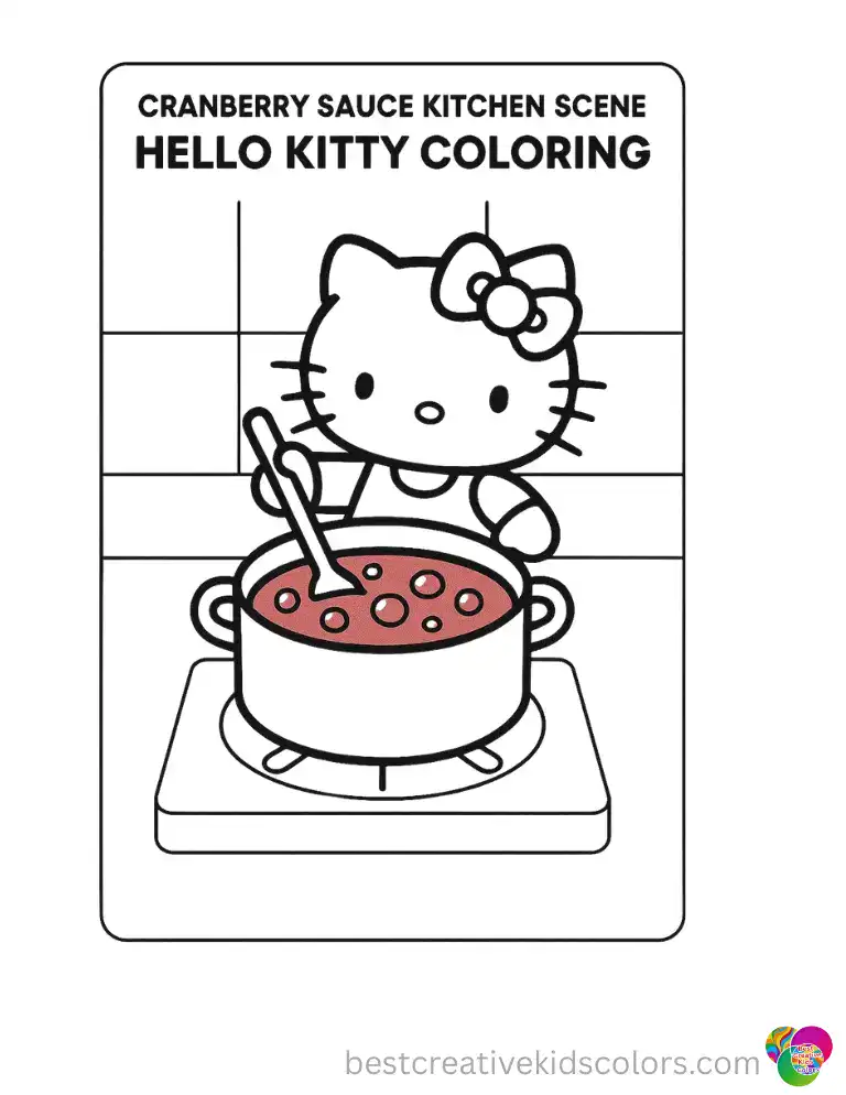 A pot of bright red sauce bubbles away as Hello Kitty stirs it slowly on the stove. Color this kitchen moment free.
