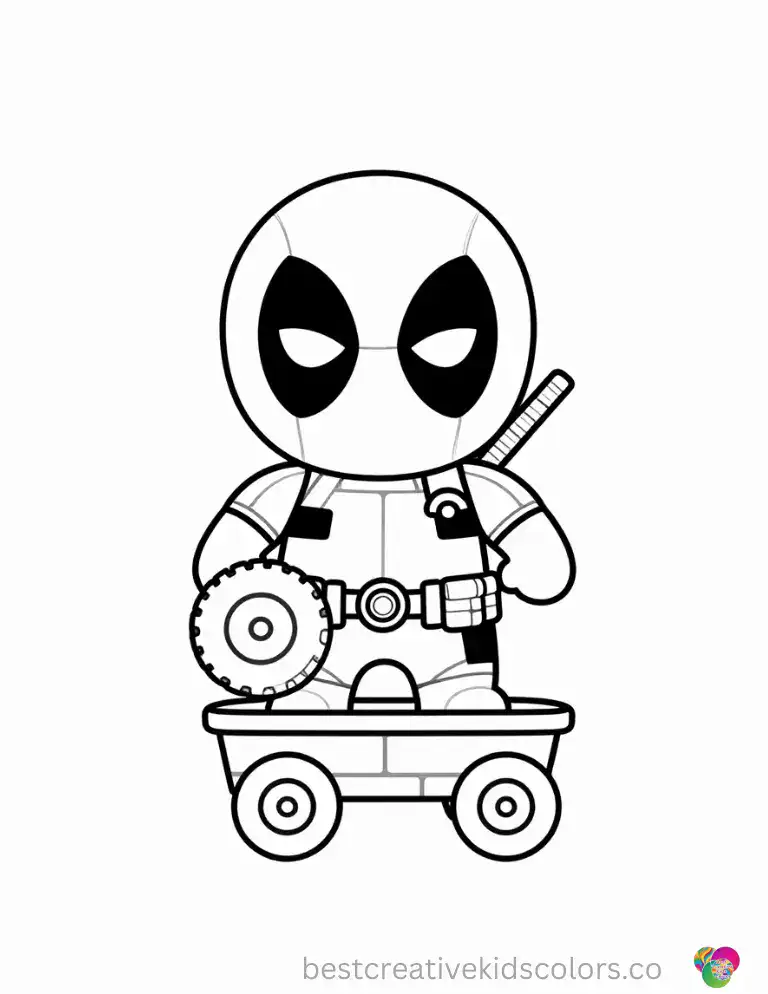 Brick-style Deadpool snaps a chunky toy wheel onto a small wagon.